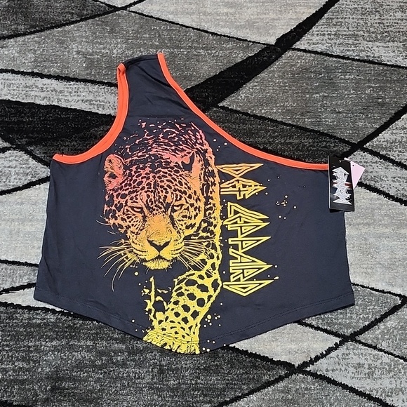 Def Leppard Tops - DEF LEPPARD GRAPHIC OMBRE LEOPARD RED TRIM ONE-SHOULDER ASYMMETRIC TANK-TOP